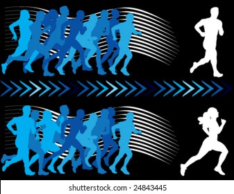 Breaking Away From The Pack. Vector Silhouettes Of Runners.