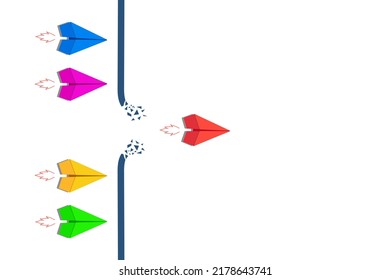 Breaking barriers concept, target, goal with red paper plane breaking through obstacle on white background and other group facing problem wall.