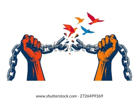 Breaking bondage metaphor, powerful fists shattering shackles, origami birds flight, liberation and human rights