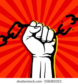 Breaking chain protest, rebel vector poster. Human hand breaking chain illustration.
