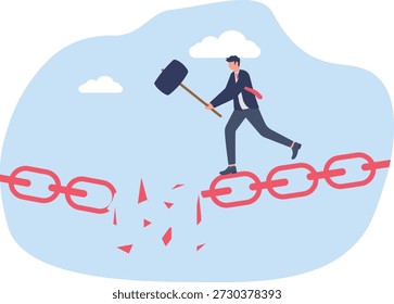 Breaking Chains of Debt Concept with Professional Using Hammer on Metal Links