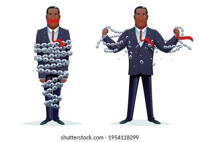 Breaking chains liberation heroic strength imprisoned release cartoon character design concept vector illustration