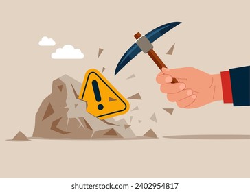Rompiendo el adoquín con pickaxe para ver el incidente con signo de atención exclamación afuera. Elimina un signo de exclamación de un adoquín. Administración de incidentes, análisis de causa raíz. 