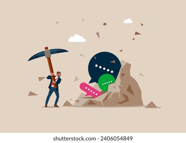Rompiendo el adoquín con un pickaxe para ver burbujas de habla afuera. Discusión, conversación, reunión, comunicación de equipo, charlas de colegas, opinión. Ilustración vectorial plana
