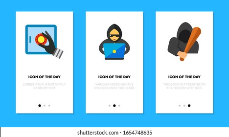 Breaking and cracking flat icon set. Safe, robbery, bank isolated vector sign pack. Criminality and equipment concept. Vector illustration symbol elements for web design and apps