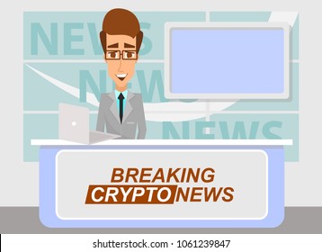 Breaking cryptonews concept vector illustration. News anchor broadcasting the the latest important crypto news from tv studio.