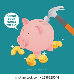 Breaking cute piggy bank with hammer, spend your money wisely