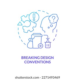 Breaking design conventions blue gradient concept icon. Web product. Cognitive load. UI UX development issue abstract idea thin line illustration. Isolated outline drawing. Myriad Pro-Bold font used