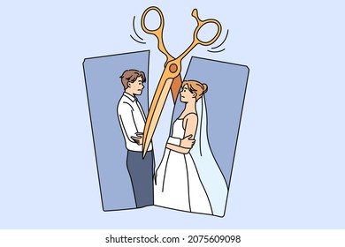 Breaking up and divorce concept. Photo of young married couple cartoon characters standing hugging and scissors cutting photo into pieces vector illustration 