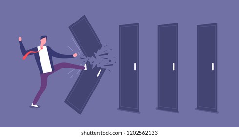 Breaking Door. Powerful Businessman Overcomes Barriers, Roadblock. Brute Force And Challenge Vector Concept. Illustration Of Businessman Break Door, Ability And Triumph