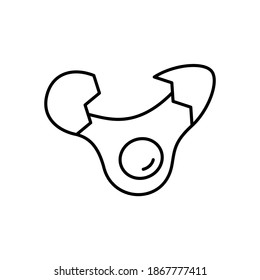 Breaking egg. Linear icon of two halves of eggshell with falling down raw white and yolk. Black simple illustration. Contour isolated vector pictogram on white background