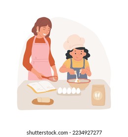 Breaking eggs isolated cartoon vector illustration. Preparing food in the kitchen, kid breaking an egg in a bowl, teach children cooking, family baking together, making a cake vector cartoon.