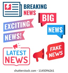 Breaking, exciting, big, latest, fake news.  Set of badges, icons. Vector illustrations on white background.