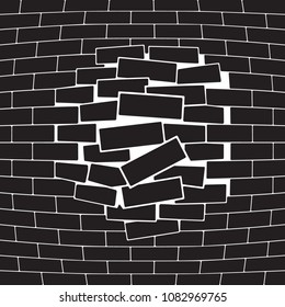 Breaking or Exploding Brick Wall Front View Flat Icon Style Inverted Illustration - Black Elements on White Background - Vector Two Dimensional Graphic Design