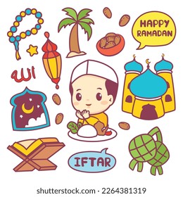 Breaking the fast doodle line hand drawn iftar clip art islamic culture during ramadan. translate : allah