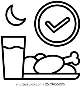 Breaking fast or a fasting schedule line icon illustration, symbolized by food, a drink, a moon, and a circle with a checkmark. Perfect for designs about religion, fasting, or Ramadan theme.