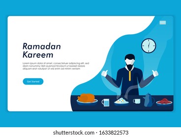 Breaking fast in ramadan concept. Moslem dinner on Ramadan Kareem or celebrating Eid with people character. web landing page template, banner, presentation, social or print media