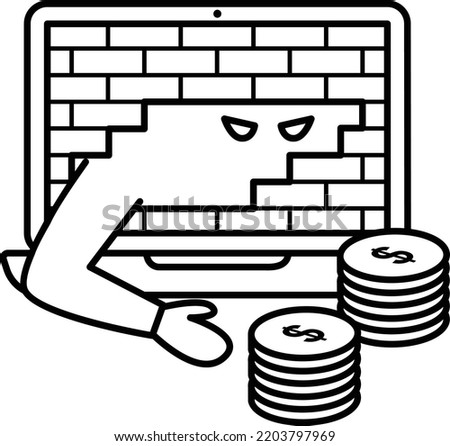 Breaking Firewall and stealing cryptocurrency Concept, bypassing Network Security vector line icon design, cyber-terrorism symbol, Cyberpunk Sign, security breakers stock illustration