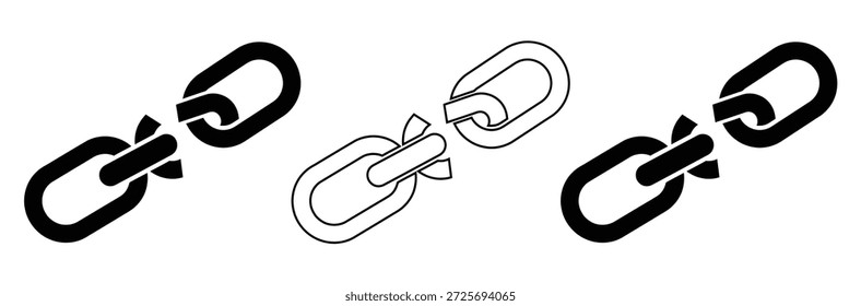 Quebrando ícones de elos de corrente livres em movimento dinâmico,Link de cadeia quebrado com dois links intactos em ambos os lados,Conjunto de ícones de elos de cadeia. Símbolo de hiperlink. planejamento estratégico. Sinal de compartilhamento de rede.