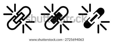Breaking free chain link icons in dynamic motion,Broken chain link with two intact links on either side,Chain link icon set. hyperlink symbol. strategy planning. Network sharing sign.