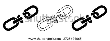 Breaking free chain link icons in dynamic motion,Broken chain link with two intact links on either side,Chain link icon set. hyperlink symbol. strategy planning. Network sharing sign.