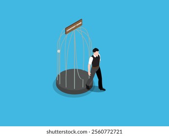 Breaking Free from Comfort Zone - Businessman Stepping Out of Cage 3d isometric vector illustration