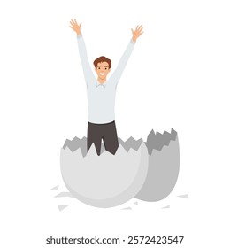 Breaking Free and New Beginnings. Man Breaking Out of the Shell. Flat vector illustration isolated on white background