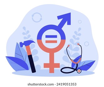 Breaking gender stereotypes concept. Venus and Mars symbols with equal sign and hammer and stethoscope. Gender equality