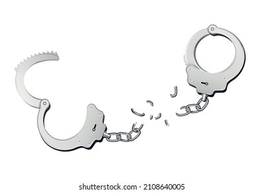 Breaking handcuffs realistic composition with isolated image of broken wristbands with chain shards on blank background vector illustration