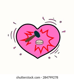 breaking a heart with a mallet. heart broken by a hammer. white background