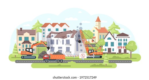 Breaking a house - modern flat design style illustration. Demolition of a home in the housing complex. Images of special vehicles, crane with a wrecking ball, truck, excavator. Real estate idea