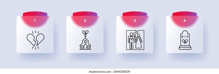 Breaking up icon set. Broken heart, church, house of God, photo card, schism, disintegration, grave, end, divorce, numbering. Relationship ending concept. Glassmorphism style.