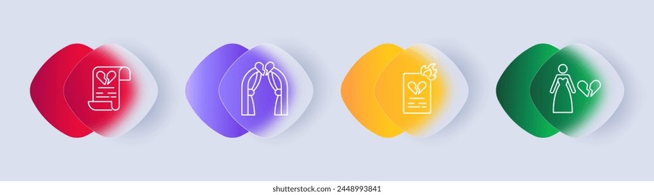 Breaking up icon set. Broken heart, document, text, woman, dress, crown, fire, fire, schism, decay, end, divorce, gradient. Relationship ending concept. Glassmorphism style.