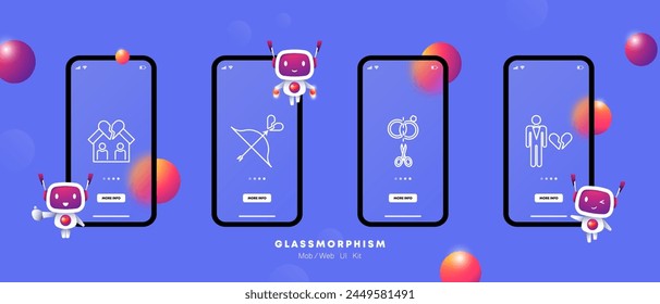 Rompiendo conjunto de iconos. Corazón roto, casa, convivencia, arco, cuerda, flecha, anillos de boda, tijeras, hombre, división, ruptura, final, divorcio, gradiente. Concepto de fin de relación. Estilo de morfismo de vidrio.