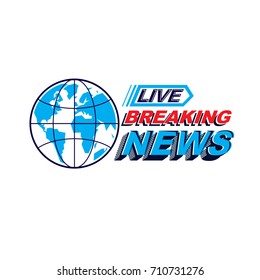 Breaking international news concept, blue Earth divided with meridians vector logo.