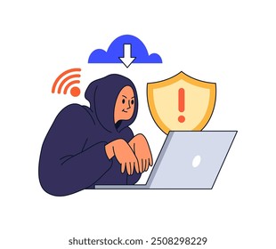 Breaking into protected cyberspace, flat cartoon vector illustration. Isolated hacker in hood trying to steal personal data and information of users with weak passwords and systems