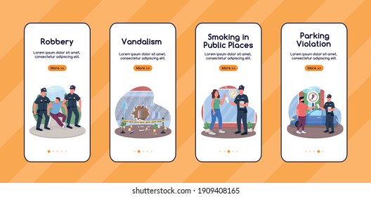 Breaking law onboarding mobile app screen flat vector template. Types of crime. Walkthrough website steps with characters. UX, UI, GUI smartphone cartoon interface, case prints set