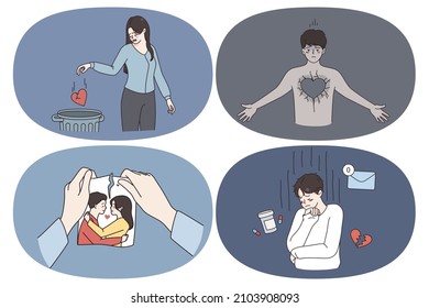 Breaking up and love end concept. Set of sad young people throwing heart to trash bin feeling stone heart cutting together photo and taking medicine to feel better vector illustration 