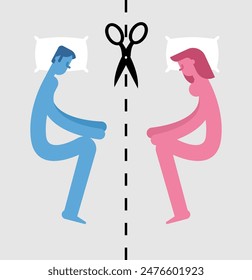 Eine Liebesbeziehung zu beenden. Zerbrochenes Bett und Paar. Mann und Frau trennen sich. Konzept Konflikt in der Liebe