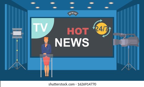 Breaking media news studio vector illustration. Woman with microphone presenter of news television channel with round the clock broadcasting. TV live hot news on the air.