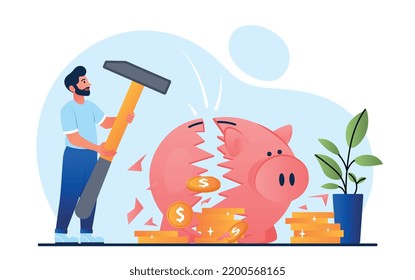 Breaking moneybox concept. Man with hammer breaks piggy bank. Financial literacy, budgeting and savings. Economy, trading and investment. Young guy with gold coins. Cartoon flat vector illustration