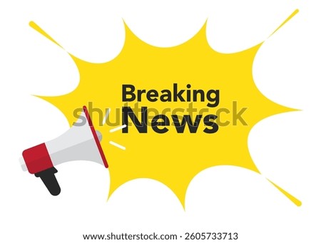 Breaking news alert megaphone background. New information broadcast banner. Loudspeaker newspaper poster.