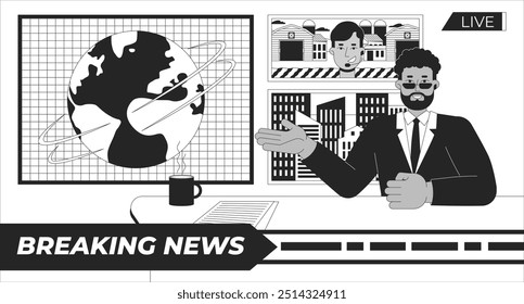 Breaking news anchor black and white line illustration. Male newscaster talking to reporter 2D character monochrome background. Journalist reporting to anchorman. Broadcasting TV outline vector image