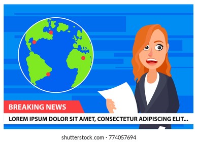 Breaking News Anchor TV With Earth Map Hot Point on Blue Background. Cartoon Style Vector illustration