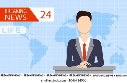 Breaking news. Anchorman on tv broadcast. Television, journalism, mass media concept. Anchorman on tv broadcast news. Anchorman on a globe background. Anchorman flat vector illustration. 