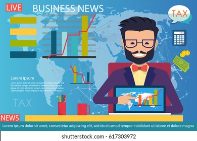 Breaking news. Anchorman on tv broadcast news. Breaking news. News announcer in the studio. Vector illustration in flat style.