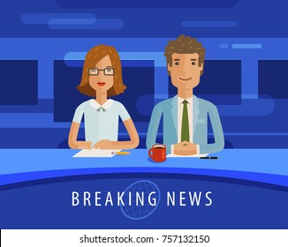 Breaking news. Anchorman on tv broadcast. Television, journalism, mass media concept. Vector flat illustration