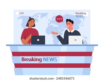 Breaking news anchors. Man and woman with laptops sitting in studio against backdrop of world map. Mass media workers, journalists, reporters and presenters. Flat vector illustration