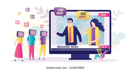 Breaking news anchors spread disinformation about world situation. Propagandists hypnotized crowd through mass media. Propaganda,  people manipulation. Fake news broadcast. Flat vector illustration