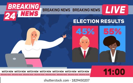 Breaking News Anchorwoman  In Studio USA Presidential Election Candidates  Results Live Streaming